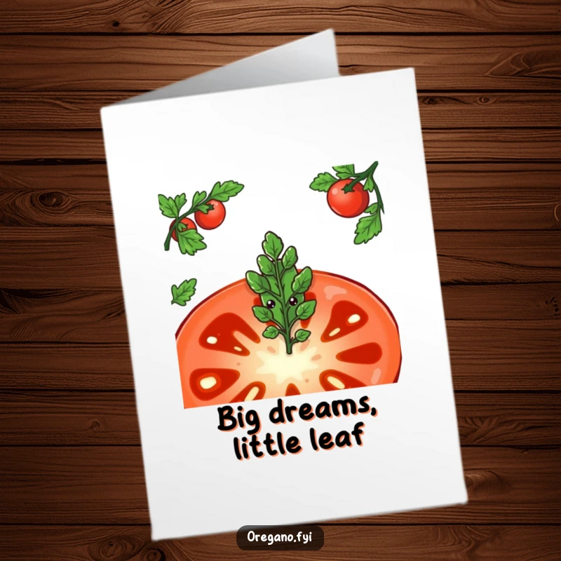 Funny Free Printable Congratulations Card: An oregano leaf character peeks shyly from behind a big tomato slice, a downloadable gift.