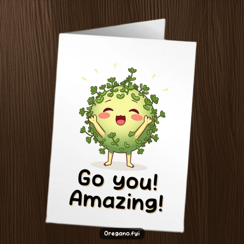 Funny Free Printable Congratulations Card with a round oregano character cheering loudly with leaf pom-poms for a triumphant moment.
