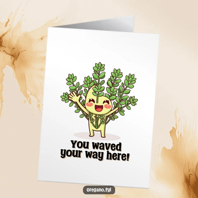 Funny Free Printable Congratulations Card showing a happy oregano enthusiastically waving its fronds, signaling a big win.