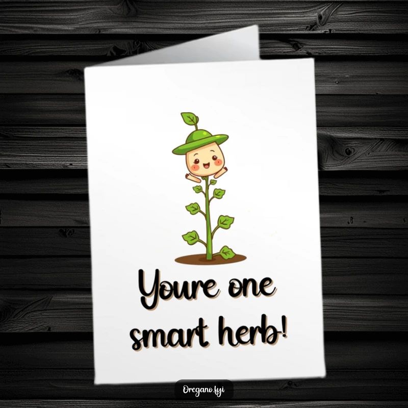 Funny Free Printable Congratulations Card featuring a cheerful oregano elegantly balancing a small leaf hat, a sophisticated touch.