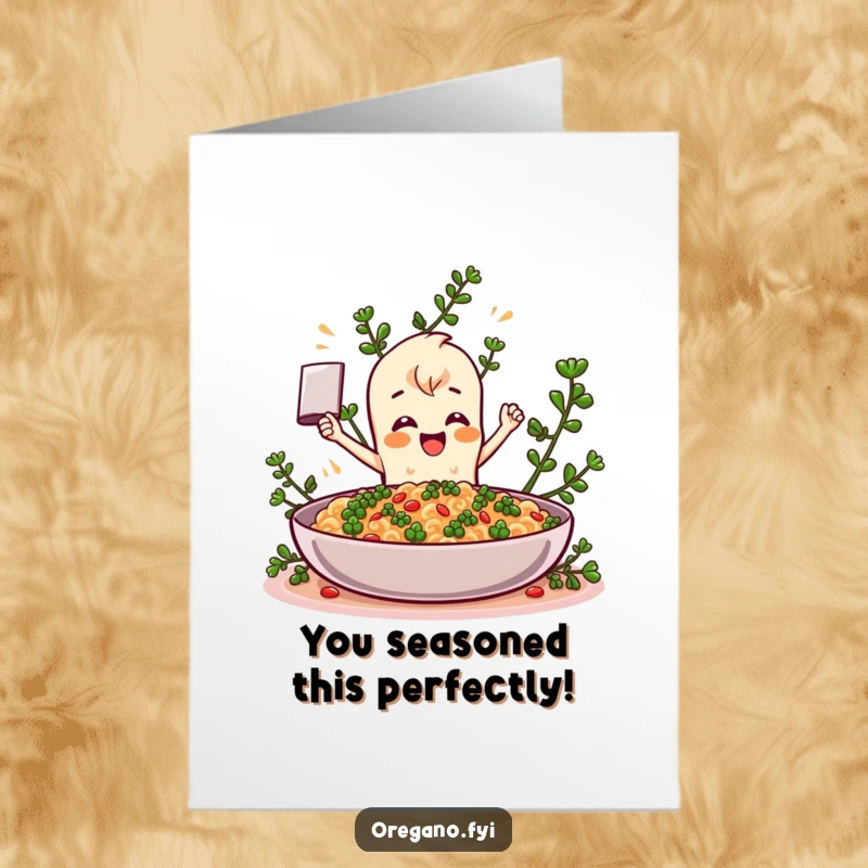 Funny Free Printable Congratulations Card: A happy oregano character enthusiastically adding flavor to a giant celebratory dish for big wins.