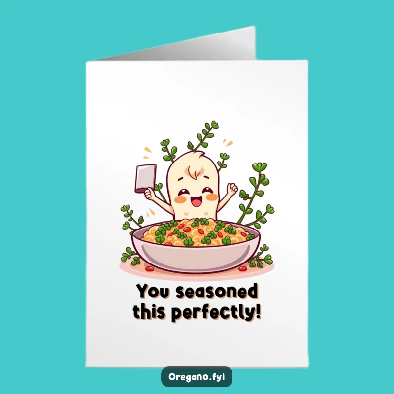 Free Printable Congrats Card: Humorous Oregano Character Celebrating Your Big Win