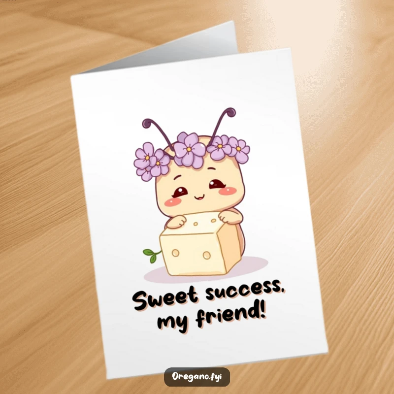 Funny Free Printable Congratulations Card showing a smiling oregano with antennae investigating a sugar cube, symbolising discovery.