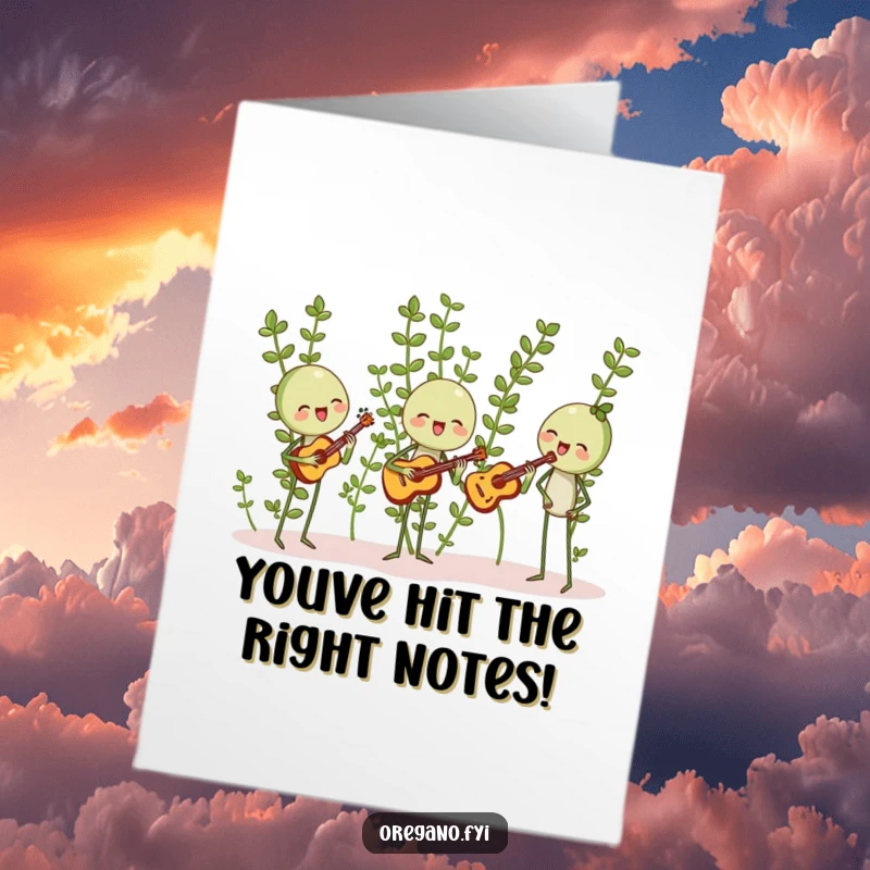 Funny Free Printable Congrats Card: Group of oregano sprigs happily harmonizing with tiny leaf instruments, a downloadable band.