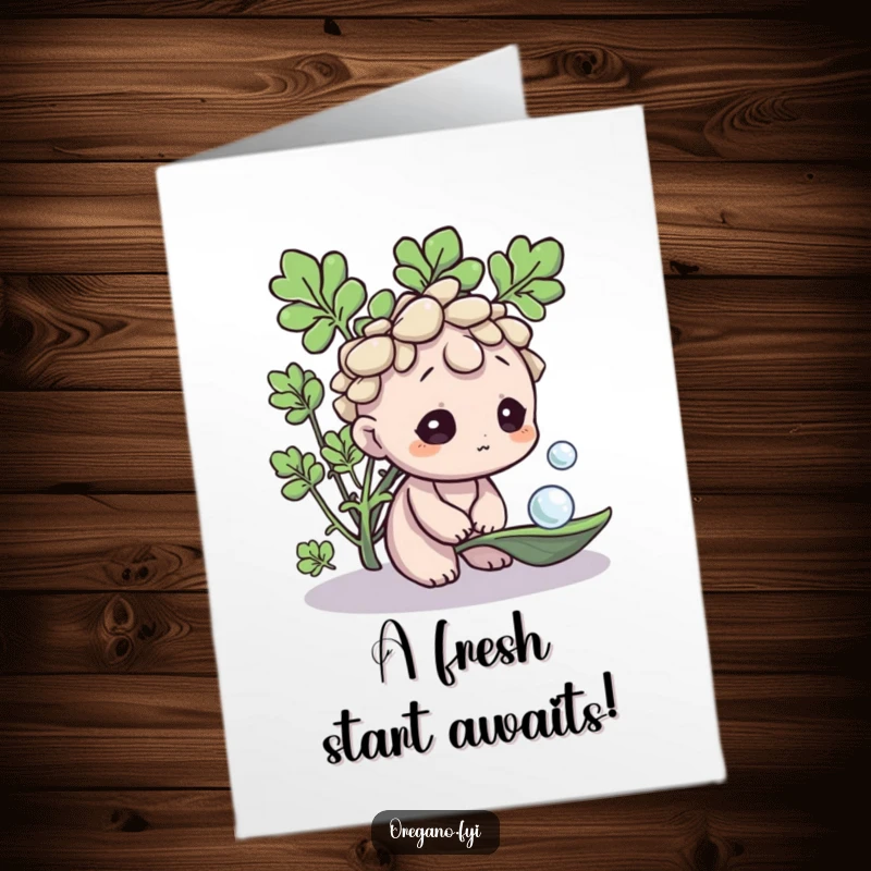 Funny Free Printable Congratulations Card: An oregano character looking curiously at a dewdrop on a leaf, celebrating new beginnings.