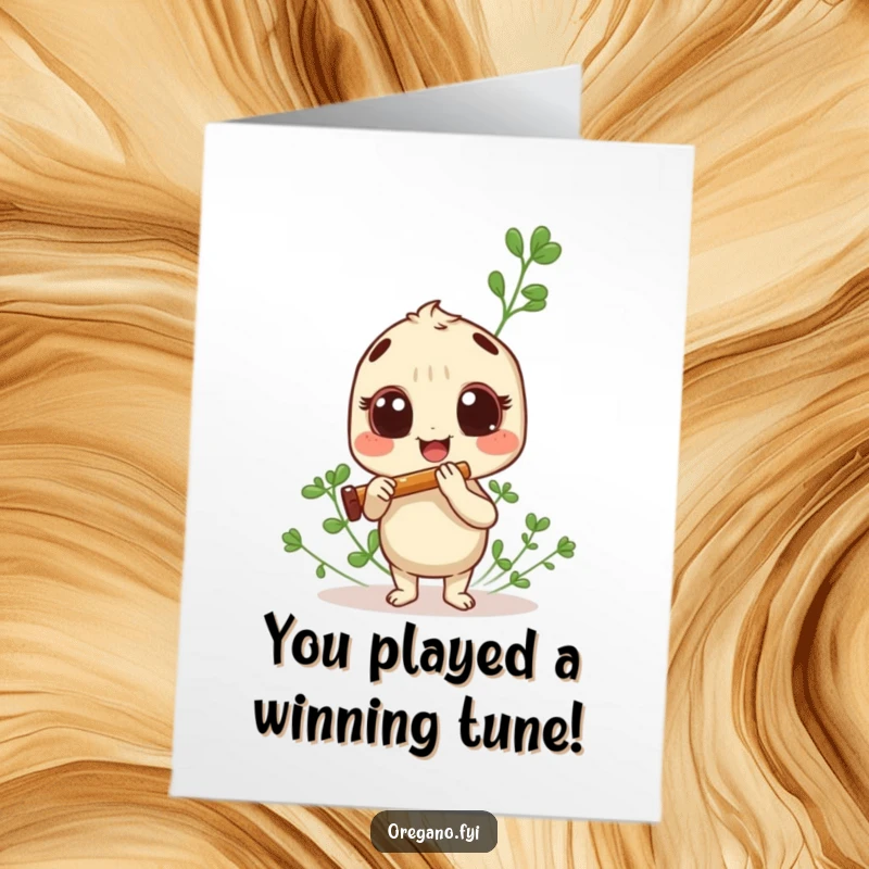 Funny Free Printable Congratulations Card: Cheerful Oregano Herb playing panpipes, celebrating a joyful occasion with musical flair.