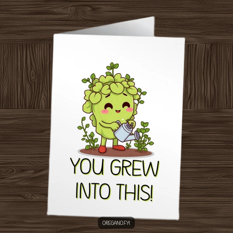 Funny Free Printable Congratulations Card: An oregano leaf character waters a tiny herb garden with a small watering can, a downloadable gift.