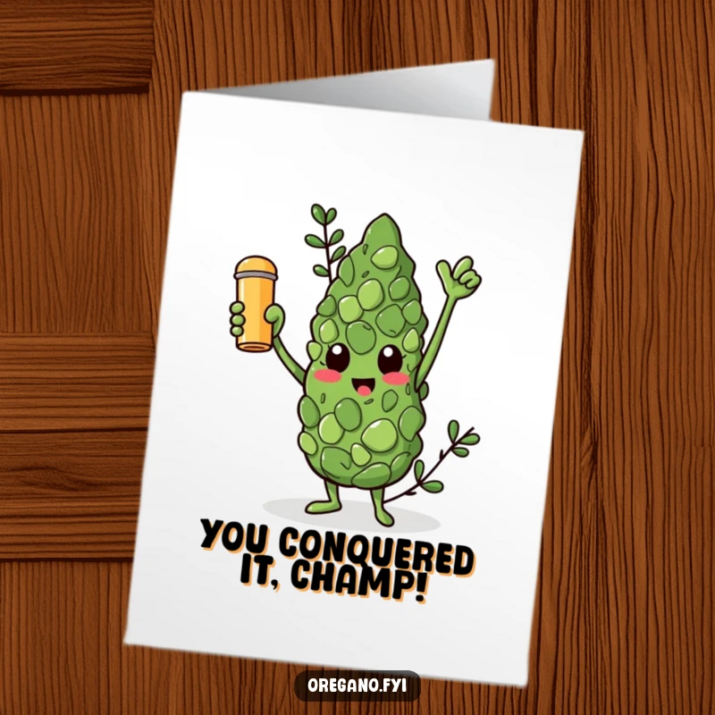 Funny Free Printable Congratulations Card: Triumphant oregano leaf character holding a golden spice shaker high; a dazzling, downloadable congratulatory message.
