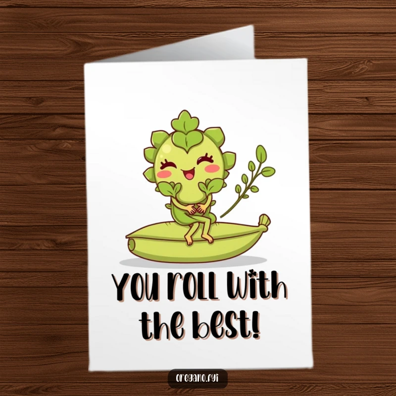 Funny Free Printable Congrats Card: Oregano character winking as they ride a bay leaf.