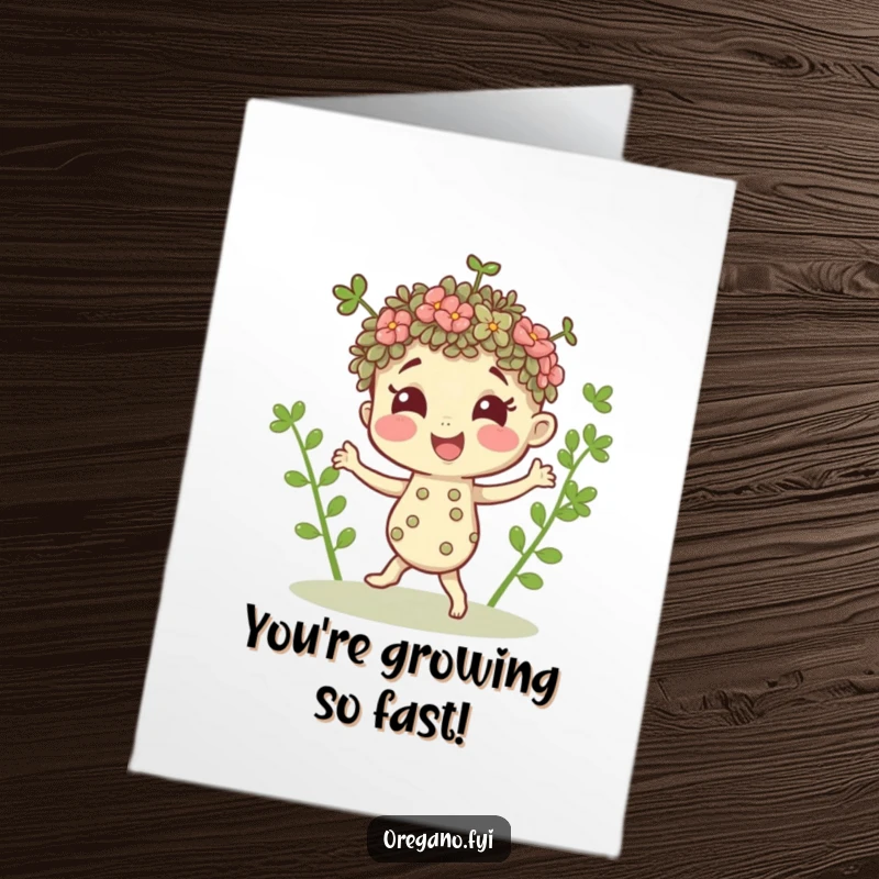 Funny free printable congratulations card of a delighted oregano sprig character performing a tiny, energetic dance, perfect for celebrations.