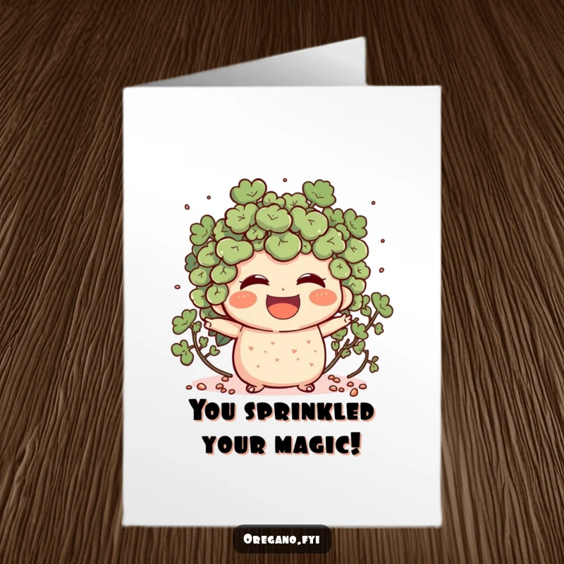 Free Printable Congratulations Card: An oregano character laughs heartily, scattering tiny specks in a celebratory manner.
