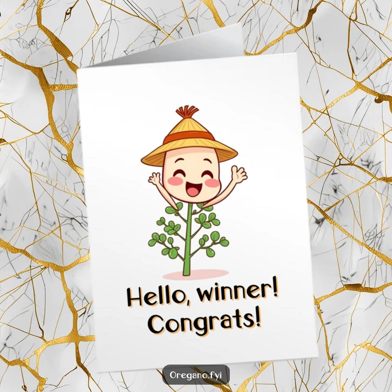 Funny free printable congratulations card of a cheerful oregano sprig in a straw hat waving enthusiastically, celebrating achievements.