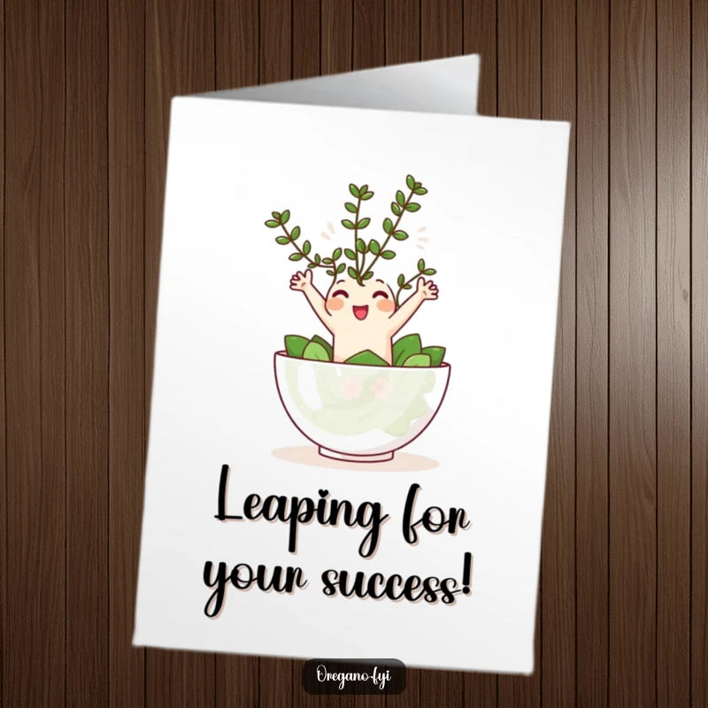 Funny Free Printable Congrats Card: Kawaii oregano sprig joyfully leaping into a tiny salad bowl, celebrating success.