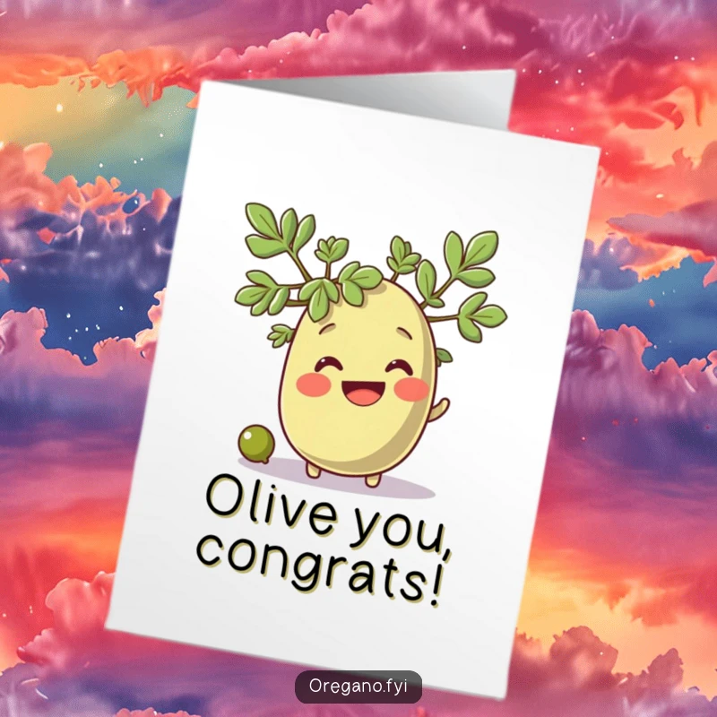 Funny Free Printable Congratulations Card showing a smiling oregano character observing a tiny olive rolling by in celebration.