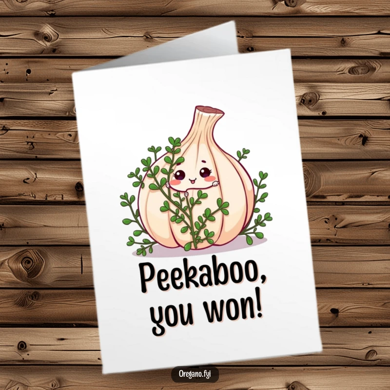 Funny Free Printable Congratulations Card: Adorable Kawaii oregano sprig playing peek-a-boo from behind a big garlic clove.