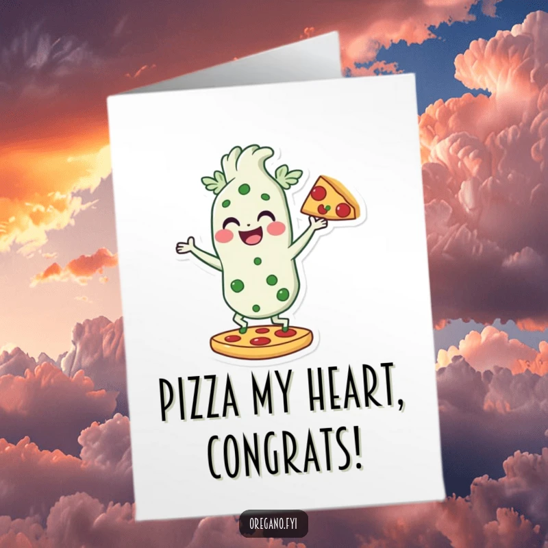 Funny Free Printable Congrats Card: Oregano character with a smile dancing on a pizza slice, a downloadable celebration.