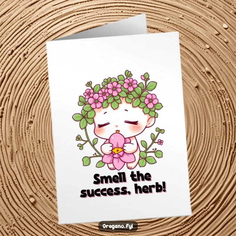 Funny Free Printable Congratulations Card: An oregano character deeply enjoying the scent of a beautiful bloom, celebrating achievement.