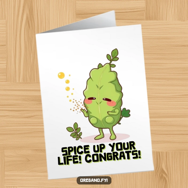 Funny Free Printable Congrats Card: Oregano character sneezing joyfully to celebrate a big win.