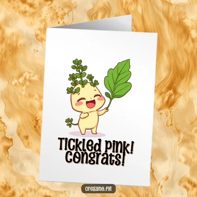 Funny Free Printable Congratulations Card: An oregano sprig bursts into giggles as a curry leaf playfully tickles it, celebrating your win.
