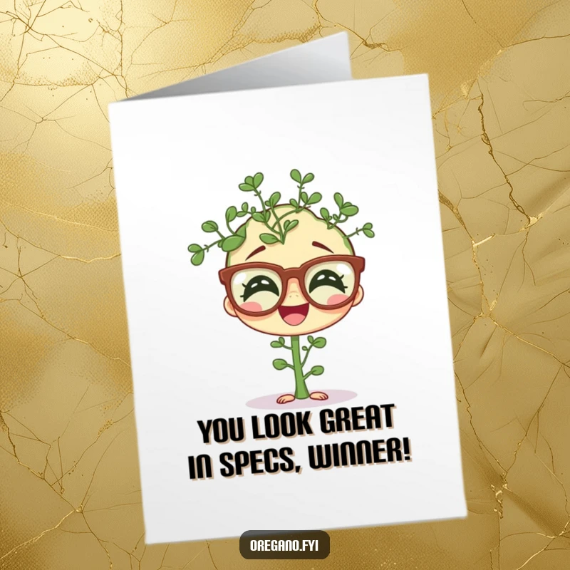 Funny Free Printable Congratulations Card: A giggling oregano sprig sports comical oversized spectacles, perfect for congratulating someone.
