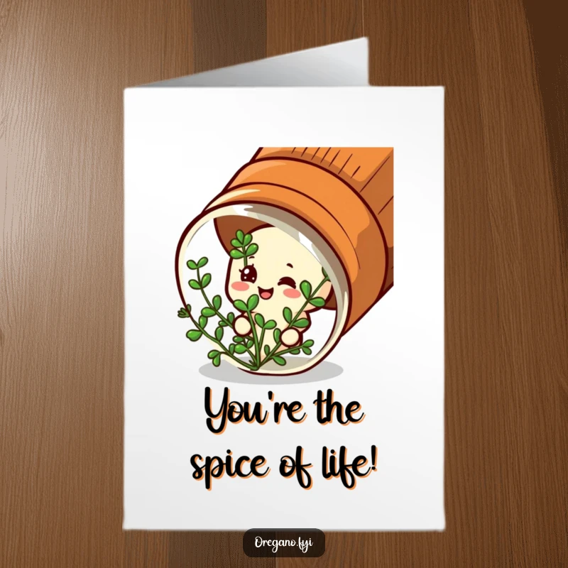Funny Free Printable Congratulations Card: Oregano character with satisfied expression, peeking from a spice jar. Joyful success.
