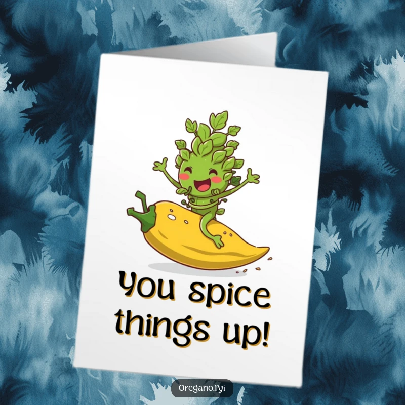 Funny Free Printable Congratulations Card: An oregano leaf character rides a rolling pepper flake with joy, a downloadable gift.