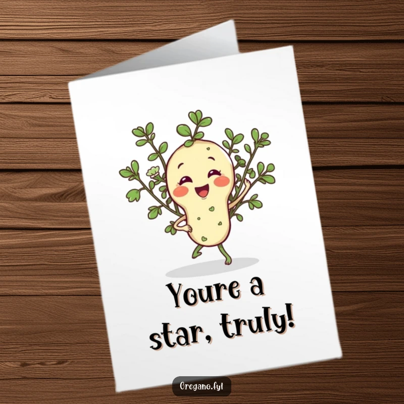 Funny free printable congratulations card featuring a happy oregano sprig doing a lively jig to express jubilant success.