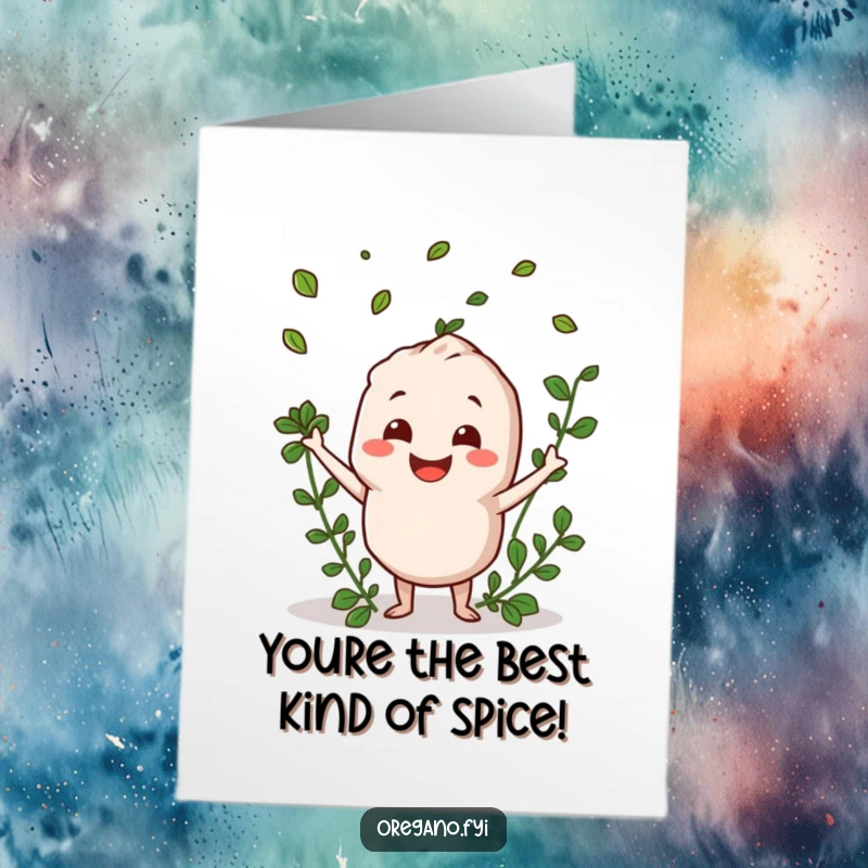 Joyful Free Printable Congratulations Card: An oregano character with a big smile tossing herb leaves joyfully into the air.