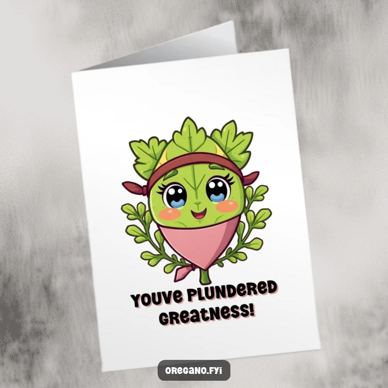 Funny Free Printable Congratulations Card: A cheerful oregano leaf pirate with a bandana, celebrating your successful voyage.