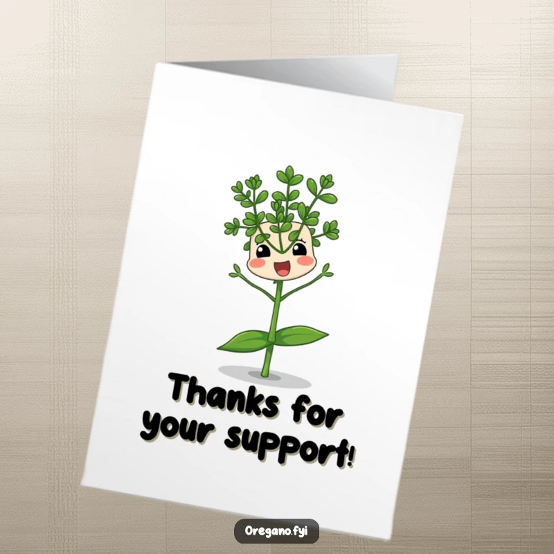 Funny free printable thank you card depicting an oregano sprig comically balancing precariously on a single leaf.