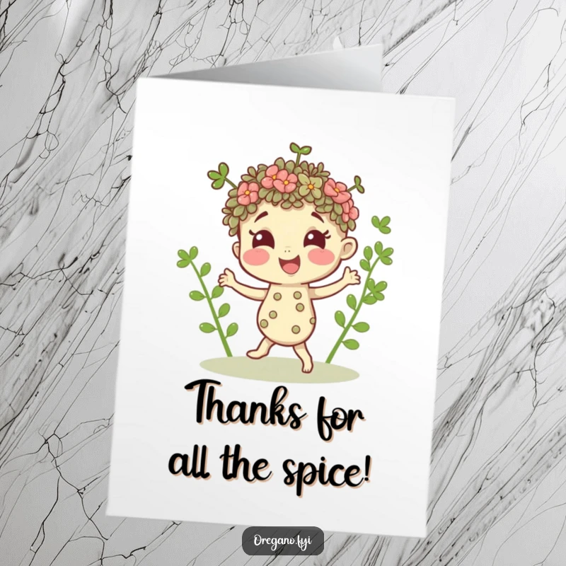 Funny free printable thank you card depicting a delighted oregano sprig character in a small, bouncy dance, conveying thanks with zest.