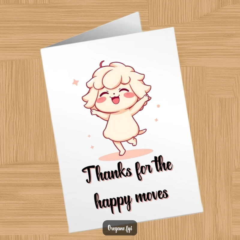 Free Printable Thank You Card: A Kawaii oregano character entertains with a funny, delicate dance, expressing thanks.