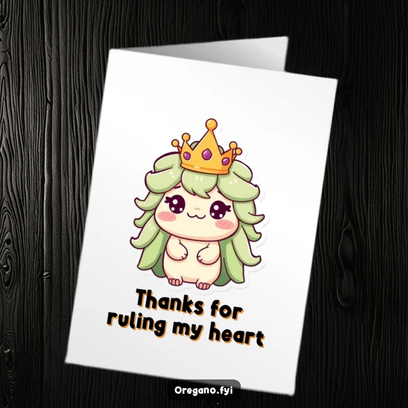 Free Printable Thank You Card: An oregano character sits regally, wearing a small crown, showing noble thanks.