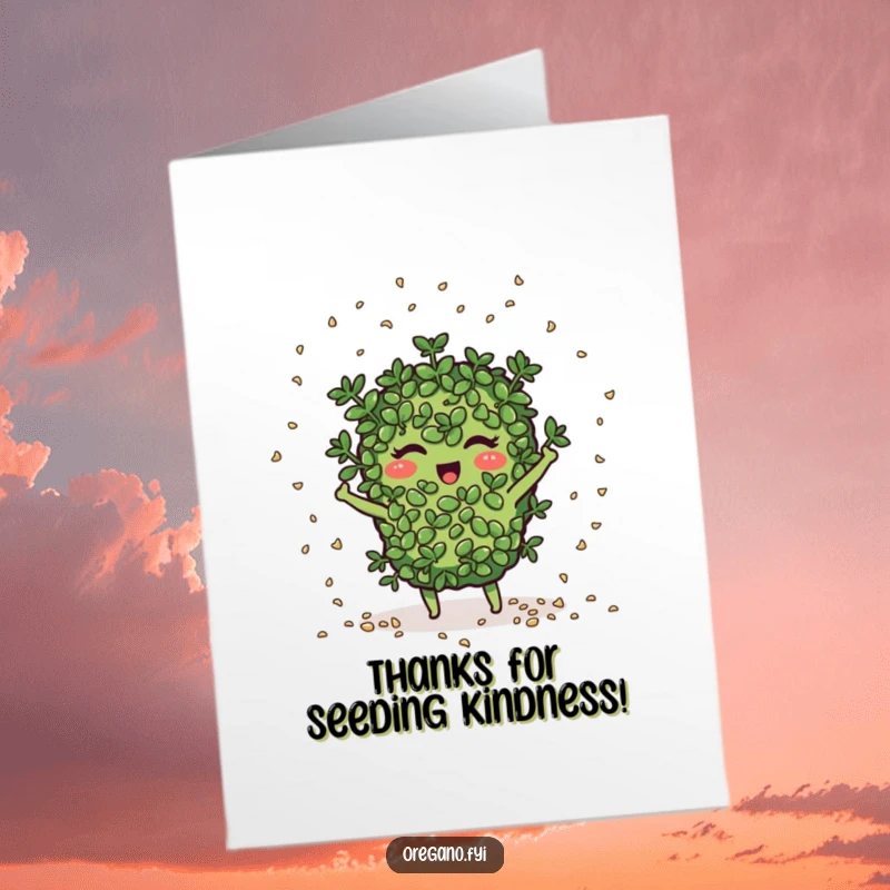 Funny free printable thank you card with an oregano character joyfully scattering tiny seeds like confetti, offering a festive thanks.