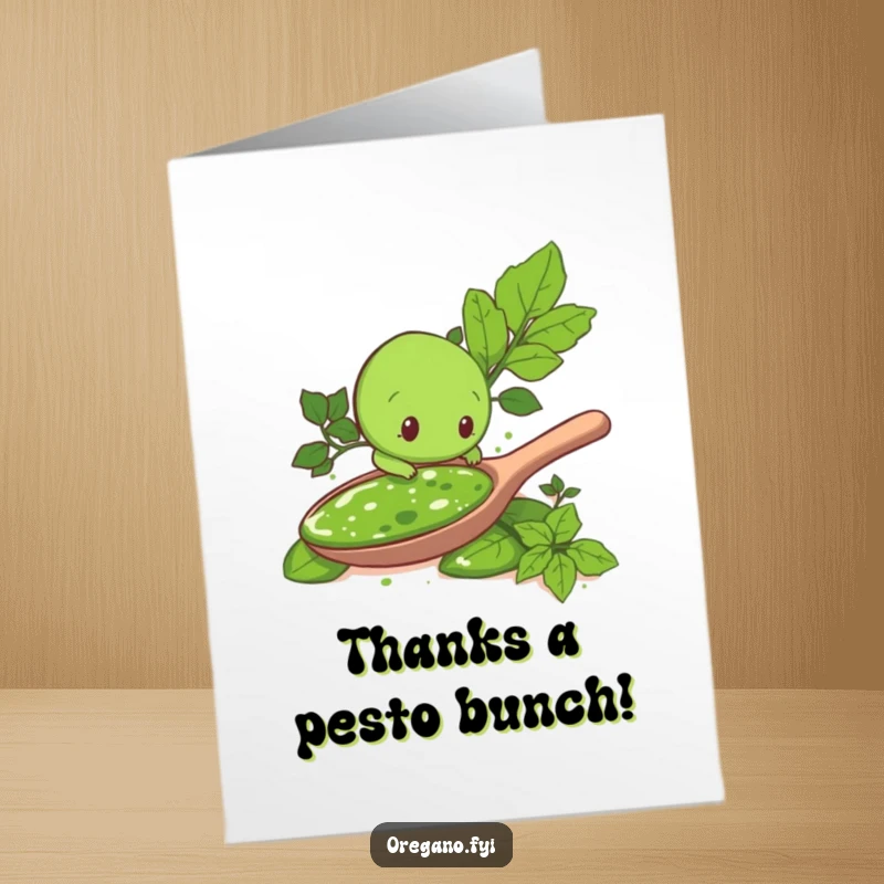 Funny Free Printable Thank You Card: An oregano leaf character is hilariously exploring a huge spoonful of pesto, saying thanks.