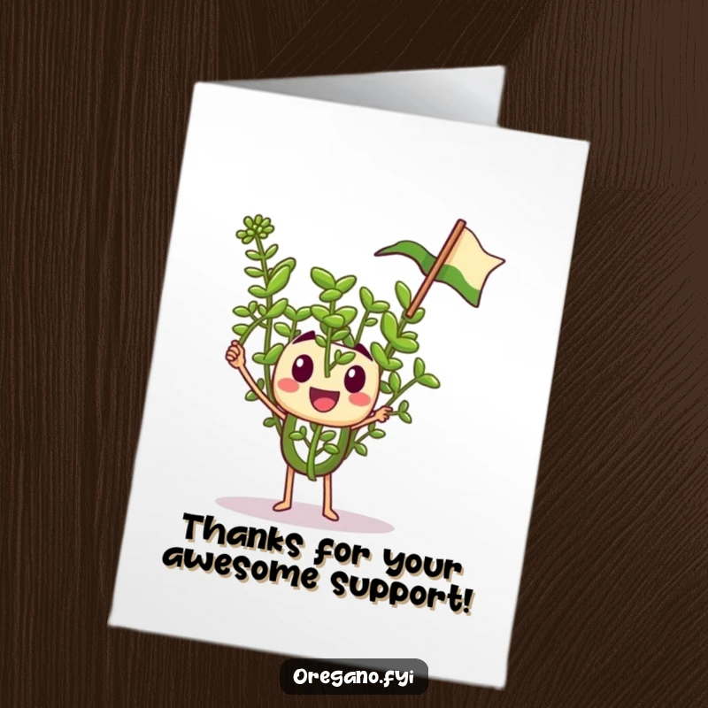 Funny Free Printable Thank You Card: A tiny oregano sprig enthusiastically waves a miniature flag, expressing heartfelt thanks with pride.