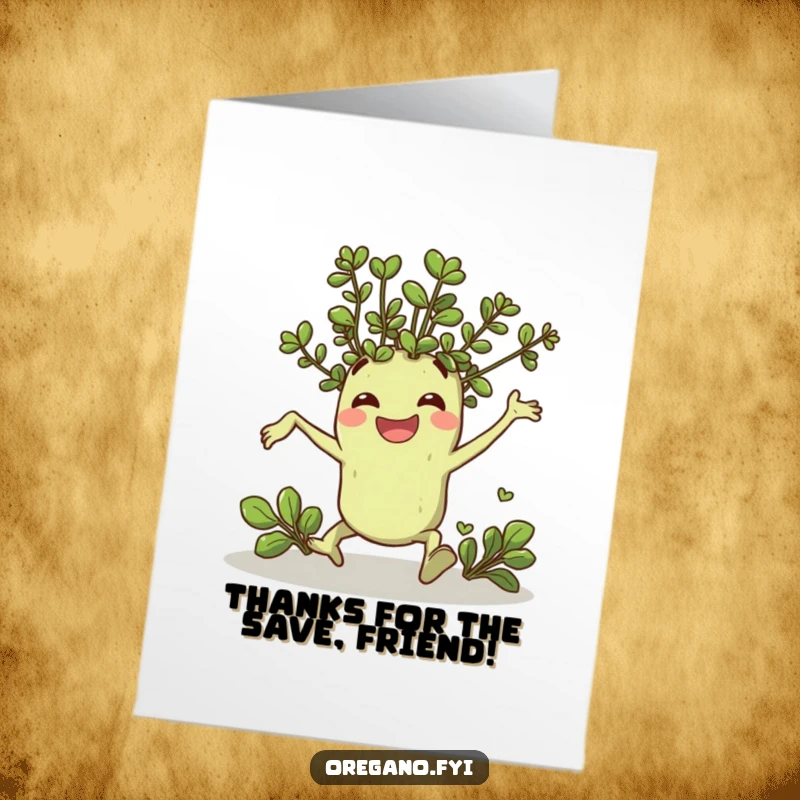 Funny Free Printable Thank You Card: Oregano sprig comically trips then grins, sending thanks with a humorous, heartfelt energy.