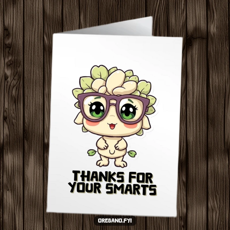 Funny Free Printable Thank You Card: An oregano sprig wearing comically large glasses shows a look of pleased bewilderment, a unique thank you.