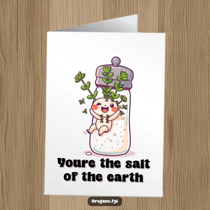 Funny Free Printable Thank You Card: A happy oregano sprig slides down a salt shaker, a zesty way to say thank you.