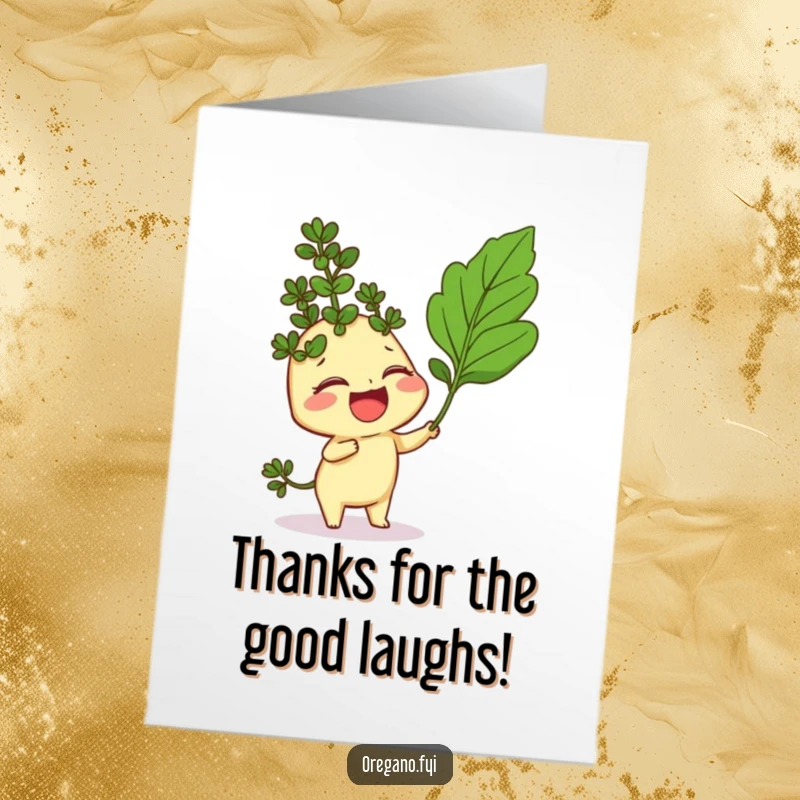 Funny Free Printable Thank You Card: An oregano sprig giggles heartily while a curry leaf tickles it, a funny way to say thanks.
