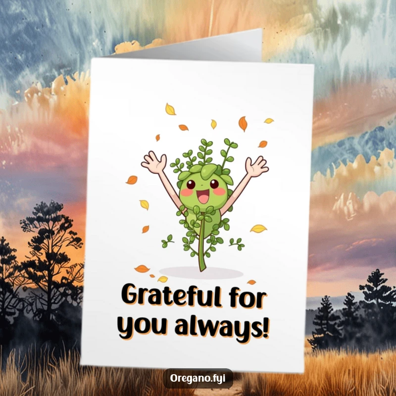 Funny Free Printable Thank You Card: Happy oregano sprig excitedly catching falling leaves, conveying genuine thanks.