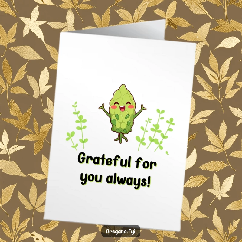 Funny Free Printable Thank You Card featuring a kawaii oregano leaf character dancing with joy and tiny arms to say thank you.