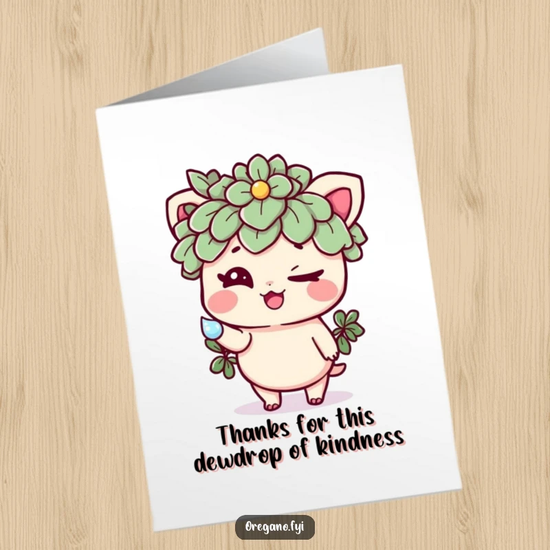 Funny Free Printable Thank You Card: A mischievous oregano offers a dewdrop with a knowing wink, a unique way to say thanks.