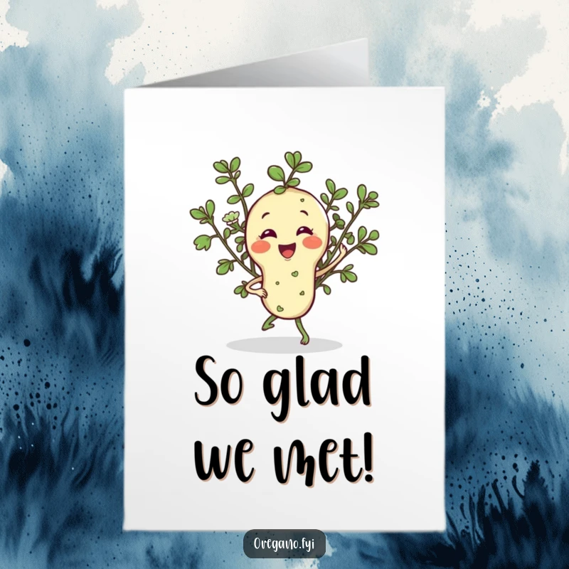Funny free printable thank you card showing a smiling oregano sprig character performing a happy, energetic jig.
