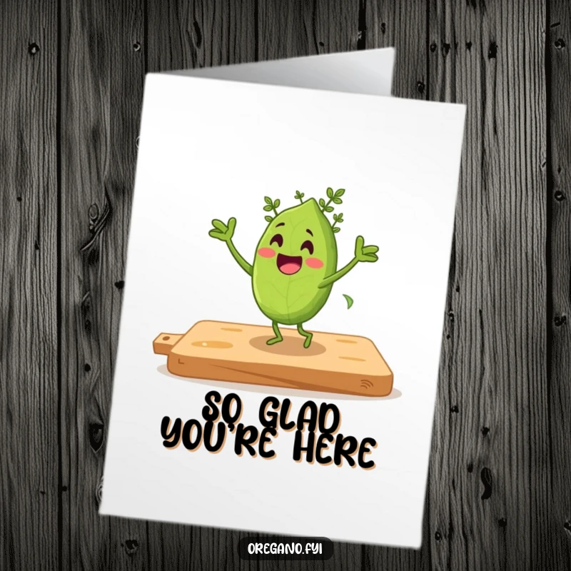 Funny Free Printable Thank You Card: Oregano leaf character joyfully doing a jig on a cutting board, expressing thanks.