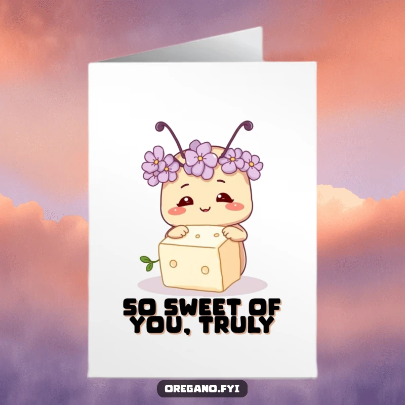 Funny Free Printable Thank You Card of a smiling oregano with tiny antennae curiously observing a sugar cube, a moment of discovery.