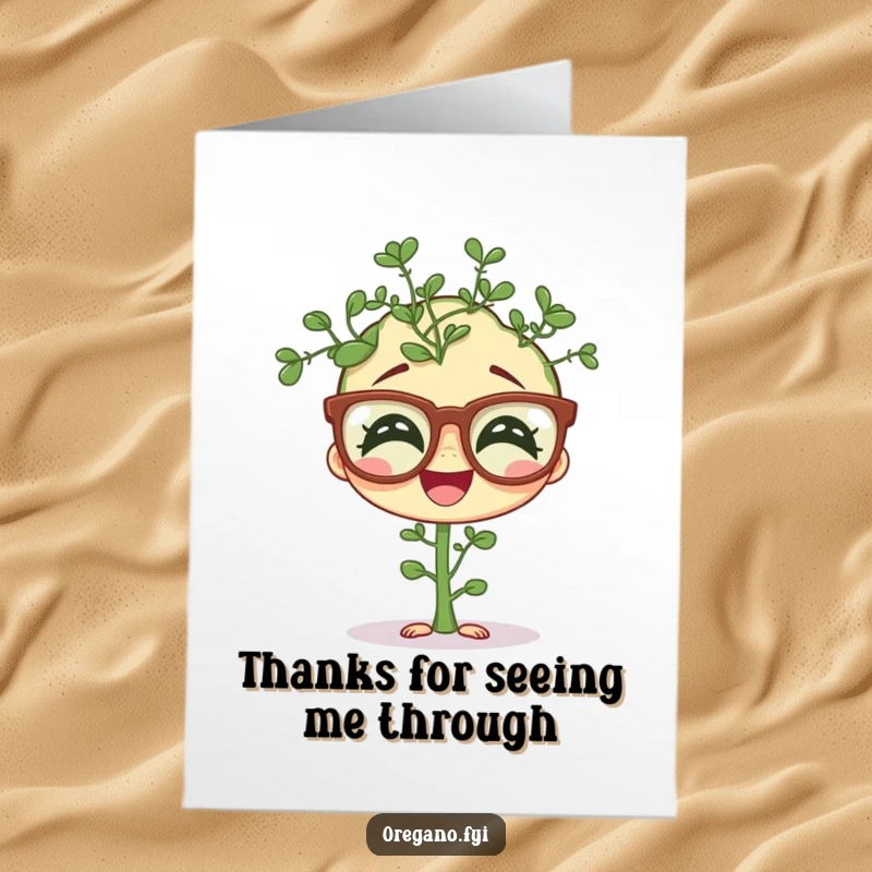 Free Printable Thank You Card: A giggling oregano with large, funny spectacles offers a unique and humorous thank you.