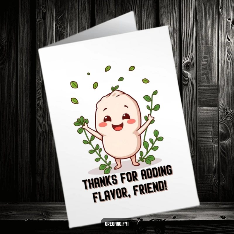 Joyful Free Printable Thank You Card: Smiling oregano character tossing green herb leaves up in the air happily.