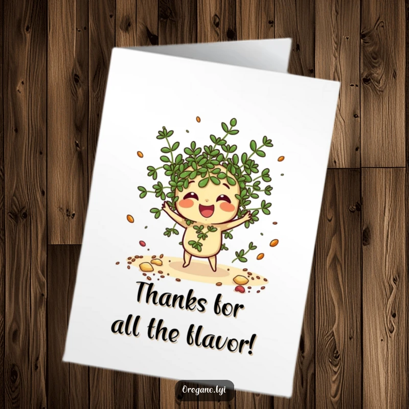 Funny Free Printable Thank You Card: A kawaii oregano sprig gleefully scatters imaginary spices, full of thankful energy.