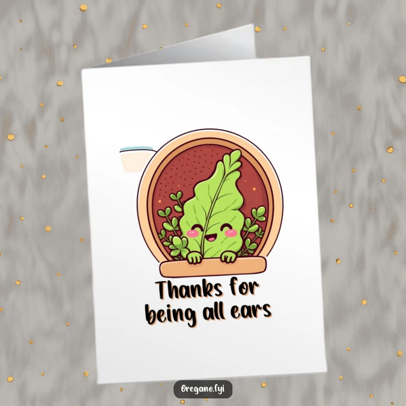 Funny Free Printable Thank You Card: Oregano character peeking cheerily from a spice rack.